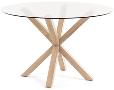 Noorsk Design Mesa Redonda de Comedor de Cristal - Patas Metálicas Acabado Efecto Madera