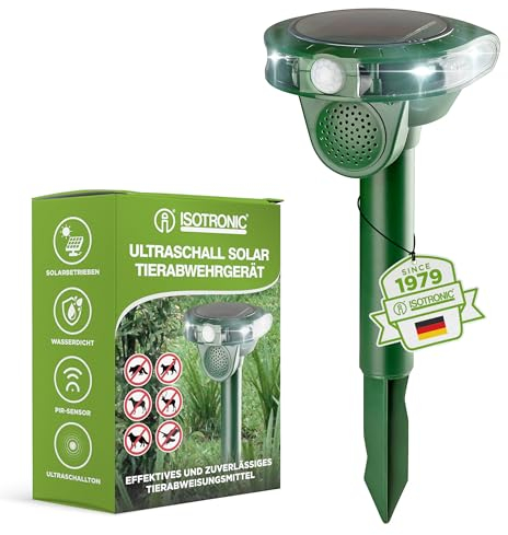 ISOTRONIC Repellente solare ad ultrasuoni, spaventatore per cani, animali selvatici, portata di 5 m per dispositivo, frequenza regolabile, 1 pezzo