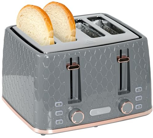 HOMCOM 4 Slice Toaster with 7 Browning Levels, High Lift, Reheat/Defrost/Cancel, Self-centring Function, Removable Crumb Tray, Auto Off, 1600W, Grey Honeycomb Texture