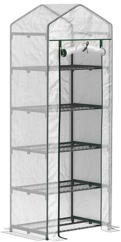 Outsunny Serre de Jardin PE avec étagères 5 Niveaux, Serre de Balcon, bâche renforcée, châssis en Acier, Porte zippée Enroulable, pour légumes Plantes Fleurs, 69 x 49 x 193 cm, Blanc
