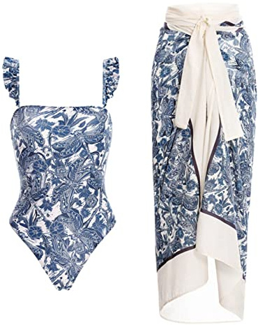 Women's Swimming Costume 2 Piece Swimwear Elegant Floral Printed One-Piece Swimsuit with Long Wrap Skirt Beach Cover Up Bandeau Swimsuits for Women Matching Cover Up Skirt Swimsuits