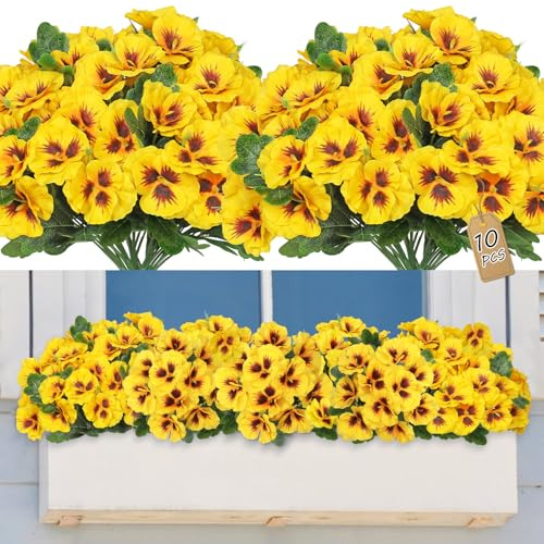 SOMYTING 10 stycken konstgjorda violer för utomhus konstgjorda sidenblommor UV-beständiga konstblommor plastväxter för veranda, trädgård, fönsterbräda, hängande krukväxtdekoration (gul)