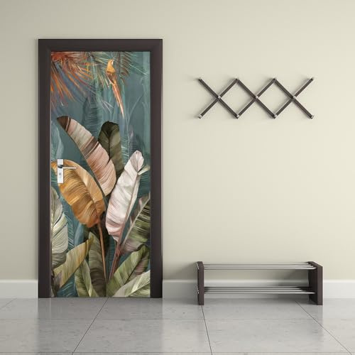Carta Parati Porta Motivo a foglia di banano Fotomurali Autoadesivi Per Porte In Vinile, Impermeabile Carta da Parati Soggiorno Cucina Camerette Applique Poster 90 x 200 cm