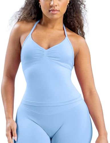 HAODIAN Women's Workout Longline Strappy Halter Top with Built-in Bra Backless Gym Tank Top Light Blue, S