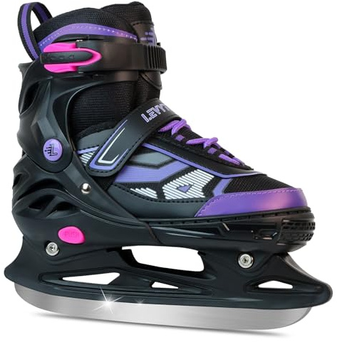 LEVYTEMP Adjustable ice Skates for Kids Boys Girls, 4 Size Triple Protection Beginner Figure Blades with Ankle Support for Outdoor and Rink,Purple