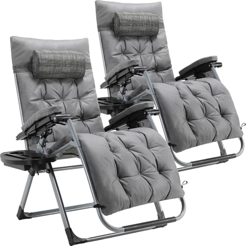 TLGREEN Sonnenliege Klappbar 2er Set, Verstellbare Gartenliege mit Auflage Wasserdicht Abnehmbare Kopfstütze Getränkehalter, Liegestuhl, Klappliege für Balkon, Grau