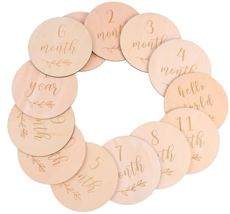 Veemoon Lot de 13 Cartes de Jalons Mensuels en Bois Naturel pour Bébé Accessoires Photo pour -Né Étapes de Croissance Bébé Présent pour Suivi Naissance
