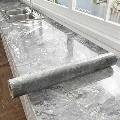 Thick Glossy Grey Silver Marble Peel and Stick Kitchen Sticker for Countertop and Cabinet Waterproof Removable Marble Contact Wallpaper with Air Guide Slot Self-Adhesive Furniture Sticker 15.7 x118