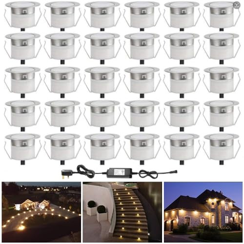 INDARUN Warm White Led Decking Lights Waterproof IP67 0.6W Ø31MM - Lighting for Terrace/Patio/Path/Wall/Garden/Decoration, 30 Packs