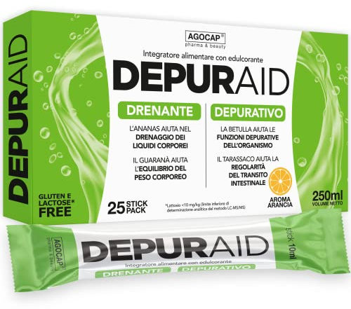 Agocap Depuraid Detox, Drenante Forte Dimagrante, Depurativo Antiossidante, 25 Stick Pack Monodose, Gusto Arancia, Elimina le Tossine del Fegato