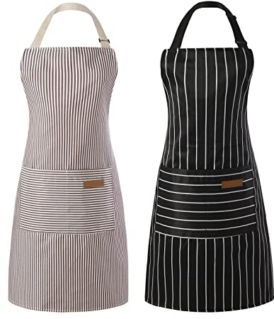 Tosewever 2 Pieces Kitchen Cooking Aprons, Cotton Polyester Blend Adjustable Bib Aprons with 2 Pockets for Women Men Chef Chef (Black/Brown Stripes, 2)