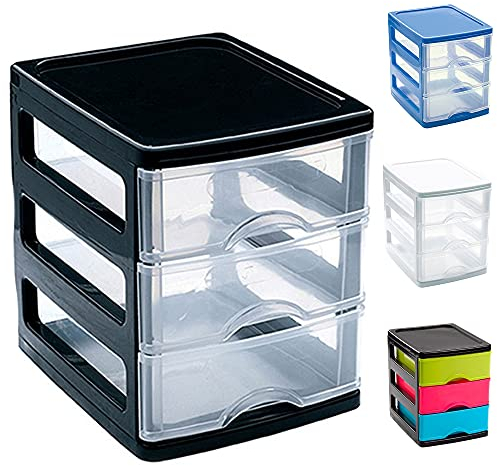 Plastic Desktop Storage Unit with Drawers, Stationary Arts Drawer Desktop Tabletop Organiser Storage Tower Unit for Office Bedroom Garage ((17 x 13.5 x 17cm, 3 Drawers Black with Clear Drawers))