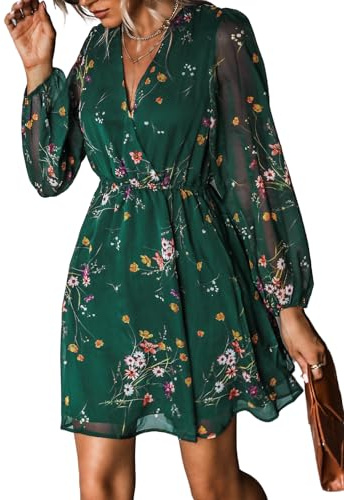 CUPSHE Women's Floral Print Chiffon A-Line Mini Dress Long Peasant Sleeves Elastic Autumn Dress Green XL