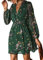 CUPSHE Damen Kleid Wickeloptik V Ausschnitt Langarm Chiffon Blumenmuster Freizeitkleider Wickelkleid Party Mini Dress Grün XL