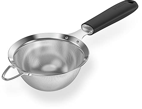 18/8 Stainless Steel Mesh Sieve: U-Taste Kitchen Metal Fine Mesh Sieve Strainer with Riveted Sturdy Silicone Handle and 30 Mesh Hole for Straining Flour, Tea, Coffee, Juice (Black, 9.9 cm)