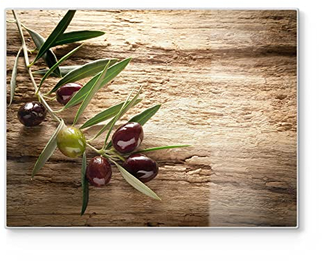 DEQORI Tabla de cortar de cristal, grande, 40 x 30 cm, diseño de rama de olivo decorativa, placa de corte para cocina, antibacteriana y antideslizante, placa de cristal y bandeja para servir
