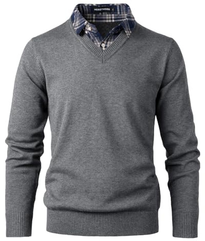 Herothorn Stickad tröja för män mode pullover mjuk touch v-ringad tröja topp med rutig eller vit stoppad skjorta krage