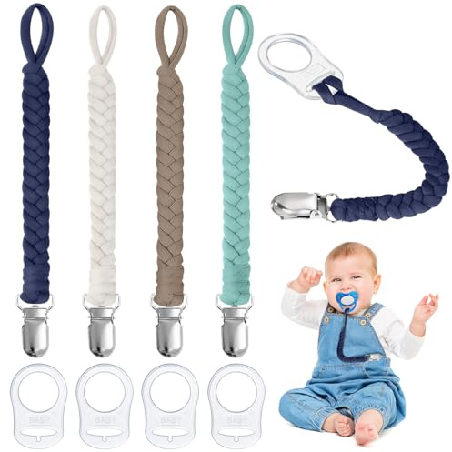 Aolso Cadena Chupete, 8pcs Chupetes de Clip de Algodón con Anill Silicona ChupeteClips Porta Adaptador, Cadena de Chupete