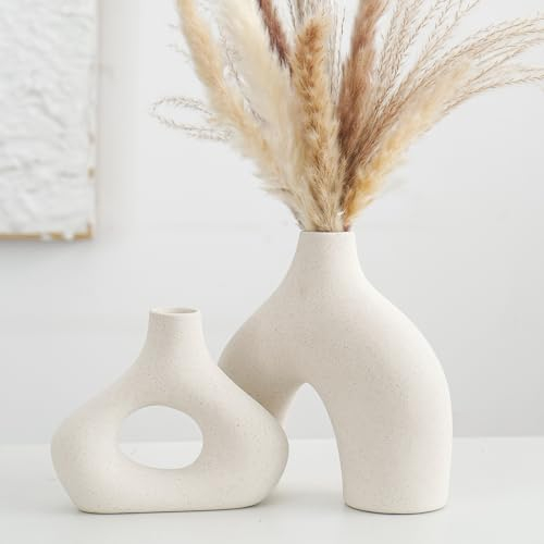 CEMABT Set di 2 vasi in ceramica beige Doppelberg per moderno boho nordico, minimalista, decorazione per soggiorno, matrimonio, cena, tavolo, festa, ufficio e camera da letto