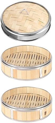Luminexia Cestello per Cottura a Vapore in bambù,2 Livelli con Coperchio Piroscafo Fatto a Mano in bambù con Fascia in Acciaio Inossidabile - Cuocivapore di bambù per Riso,Dim Sum,Verdure,Carne