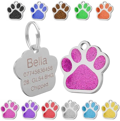 Personalised Engraved Dog Tag | Cat Tag | ID Tag for Pets | Stainless Steel Glitter Paw Print Name Tags 27mm (Pink)