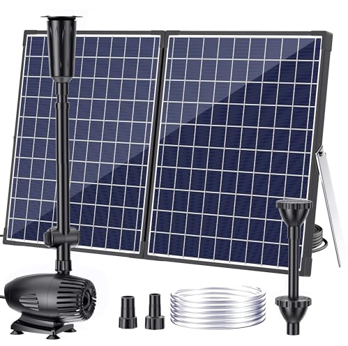 POPOSOAP 55W Solar Water Pump, Solar Water Fountain with Water Shortage Protection, Solar Pond Pump Water Flow Adjustable with PVC Tubing, 17Ft +10Ft Cord for Ponds, Garden, Waterfall, Hydroponics