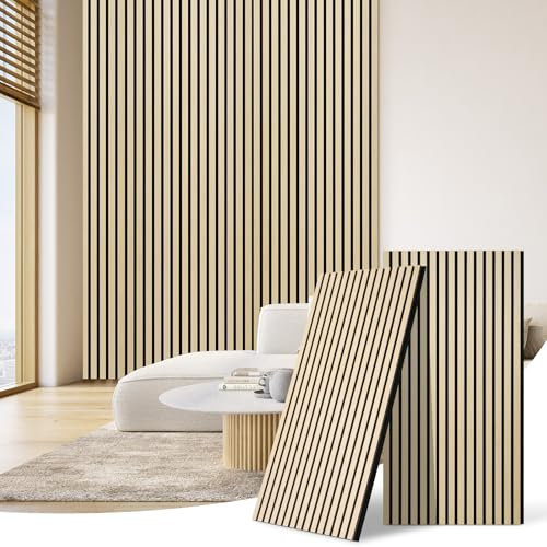 DOLLAR BOSS akustikpaneele holz, 3d wandpaneele 120x60cm 2 Stück wandverkleidung, holzwand, lärmschutz wand, akustikplatten, wanddeko holz, zierleisten wand für Büro&Schlafzimmer&küche Weiß eiche