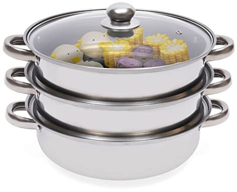 Vaporera de 3 capas, de acero inoxidable con tapa de cristal, 28 cm de acero inoxidable, vaporizador plateado para gas, eléctrica, inducción y halógena