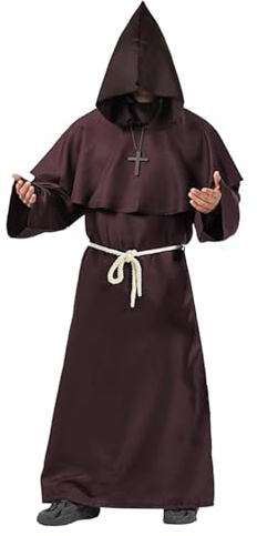 AirSuit® Disfraz de Monje Medieval Adulto – Túnica Larga con Capucha + Cruz de Madera | Talla M 170 a 175 cm | Traje Religioso para Hombre | Halloween, Carnaval | OriginalCorner®