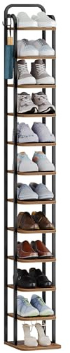 Hzuaneri Vertical Shoe Rack for Small Spaces, Rustic Brown and Black | 12-Tier, 26.5 cm Wide, Wood Shoes Organizer with 2 Hooks for Closet, Entryway, Freestanding, SR51201B