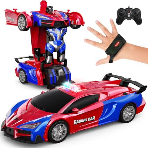 Tecnock Transformateur de voiture télécommandé, 2 en 1, détection de gestes, rotation à 360 °, pour enfants, 2,4 GHz, un bouton, robot de transformation avec LED, voiture de police, jouet cadeau pour