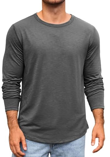Runcati Maglietta da uomo a maniche lunghe, girocollo, maglietta a maniche lunghe tinta unita, vestibilità regular, top sportivi tempo libero, magliette casual basic, canottiera, grigio., XXL