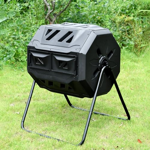 Bidone per compostaggio a doppia camera da 43 galloni con porte scorrevoli, grande soluzione per compostaggio da esterno per giardino e cucina, riciclaggio efficiente dei rifiuti e facile da usare