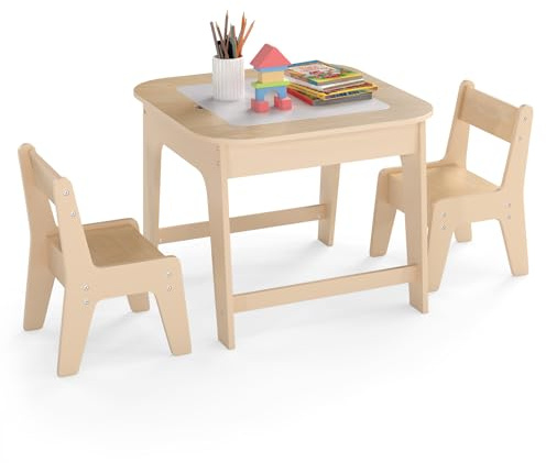COSTWAY Kids Table and Chairs Set, Wooden Toddler Activity Table Set with Double-Sided Tabletop and Hidden Storage, 3 PCS Children Furniture Set for Learning Drawing Eating (Natural)