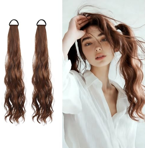 Lange Gewellt Pferdeschwanz 2 Stück Zopf Extension Lange Pferdeschwanz Haarteil 45cm Ponytail Extension Haarverlängerung Hellbraun