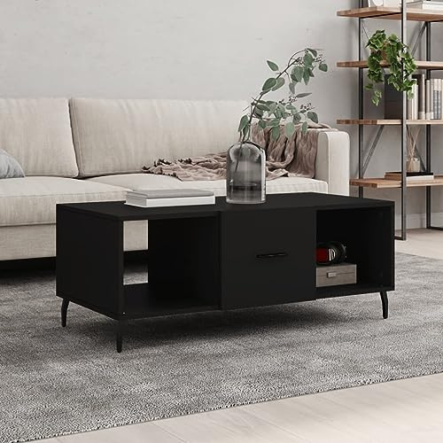 Foknhdi Mesa de centro negra 102 x 50 x 40 cm de madera con patas de hierro, diseño moderno con 3 compartimentos, mesa auxiliar para salón, dormitorio, corredor