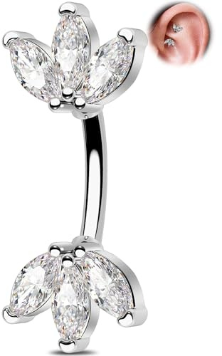 OUFER 16G Curved Eyebrow Bar 6 mm Rook Earring Stainless Steel 316L, Silver Rook Piercing Jewellery with Clear Marquise Elegant Eyebrow Ring for Women Body Jewellery