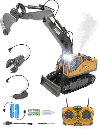 3-in-1 RC Excavator Toy 120Min, 15 Channel Spray Remote Control Excavator with Metal Shovel, Grab Claw, Drill Bit 2×1200mAh Batteries, STEM Construction Vehicles with Lights Sounds Toy for Boys 4-12