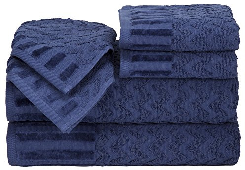 Lavish Home 6-Piece Cotton Deluxe Plush Bath Towel Set – Chevron Pattern Plush Sculpted Spa Luxury Decorative Body, Hand and Face Towels (Navy), 27'x54x0.25