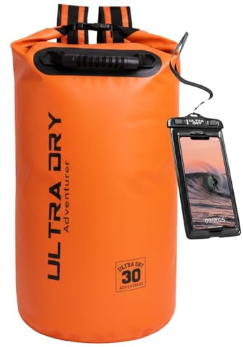 Ultra Dry Adventurer 30L Dry Bag Backpack - Premium Orange Waterproof Bag with Waterproof Phone Pouch & Padded Backpack Straps for Kayaking, Canoeing, Boating & Camping