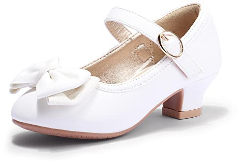 PANDANINJIA Girls Dress Shoes Toddler Heels Ruby Bow Mary Jane Low Heels Flower Girl Party Pumps Wedding Princess Shoes for Toddler/Little Kid/Big Kid (White Pu, 7 M US Toddler)