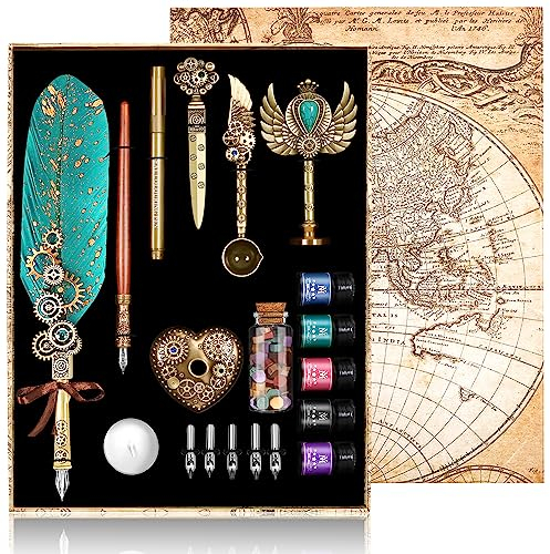 MPRINCE Federkiel und Tinte Set, Feder Feder Tinte Set enthält Federkiel, Holzstift, 5 austauschbare Federn, 5 von Tinte, Siegel, Wachsperlen, Umschlag und Briefpapier Etc-Grün