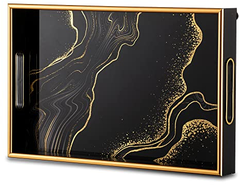 Hanobe Deko Tablett Kaffeetablett Serviertablett: Schwarzes dekoratives Gold Couchtisch Tabletts Dekor Art Deco Serviertabletts mit Griffen für Ottoman Bar Home Decor leicht zu reinigen & waschbar