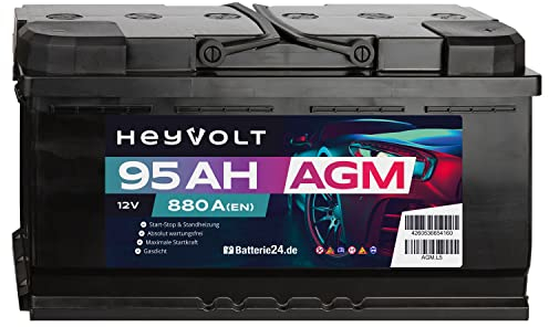 HeyVolt AGM Autobatterie 12V 95Ah 880A/EN Starterbatterie, Start-Stop & Standheizung geeignet, absolut wartungsfrei