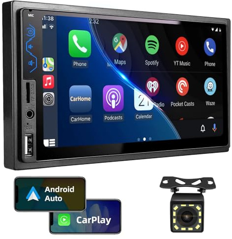 Double Din Car Stereo Compatible with Apple CarPlay and Android Auto - 7inch HD Touchscreen Car Audio Receivers with Bluetooth, Mirror Link, Backup Camera, SWC/USB/AUX/TF/Subwoofer, FM Car Radio