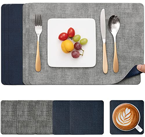 Myir JUN Table Mats Placemats and Coaster Sets 6 Place Mats for Table | Dual-Sided Faux Leather Table Mats Heat-Resistant Waterproof Non-Slip 43 x 30 cm for Kitchen Dining Indoor Outdoor(Grey Blue)