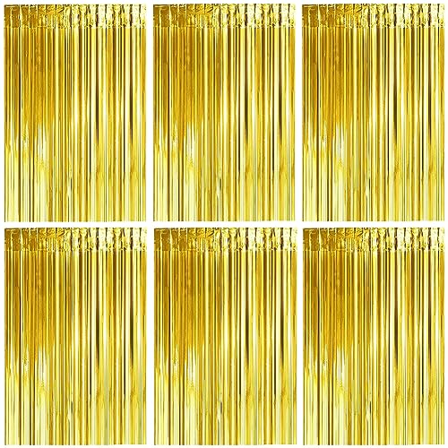 Lametta Vorhänge, 6 Stück Gold Glitzervorhang Fringe 1m x 2m Metallic Folienfransen Hintergrund, Luftschlangen Folie Vorhang für Geburtstag Hochzeit Weihnachten Party Dekoration, Tinsel Curtains