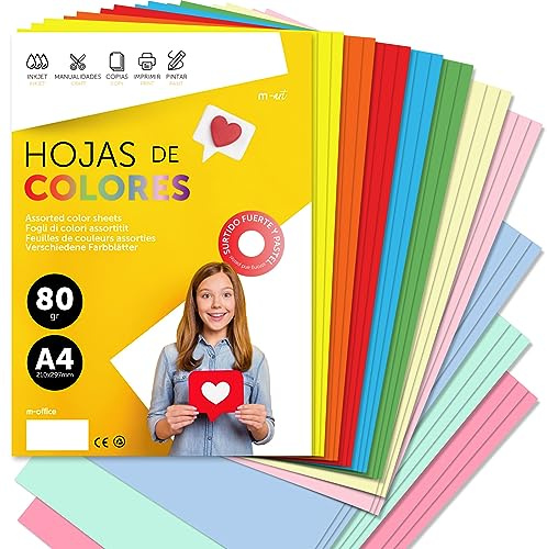 Folios de colores A4, Papel colorido 80gr ideal para hacer Manualidades, de Colores para Imprimir tus Documentos y Diseños Creativos, Folios A4 · m-office (50h, Surtido Fuerte+Pastel)
