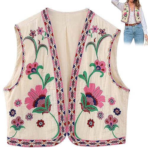 MezHi Bestickte Weste Damen, Damen Vintage Blumen Stickerei Kurze Weste Jacke,Embroidered Waistcoat Women, Women Vintage Floral Embroidered Vest, Women Y2k Vintage Embroidered Vest