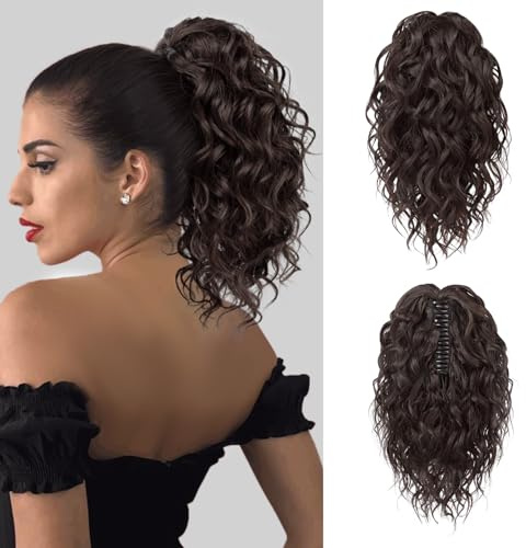 Flufymooz Ponytail Extension, 12 Short Claw Ponytail Extension Wavy Curly Jaw Clip in Pony tails Hair Extension Natural Synthetic Hairpiece for Women (Dark Chocolate Brown)